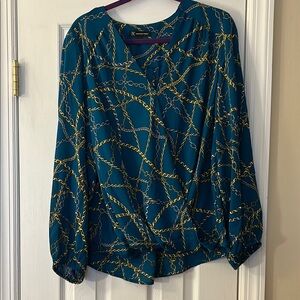 Inc Teal and Gold Chain Print Women's Top size XL